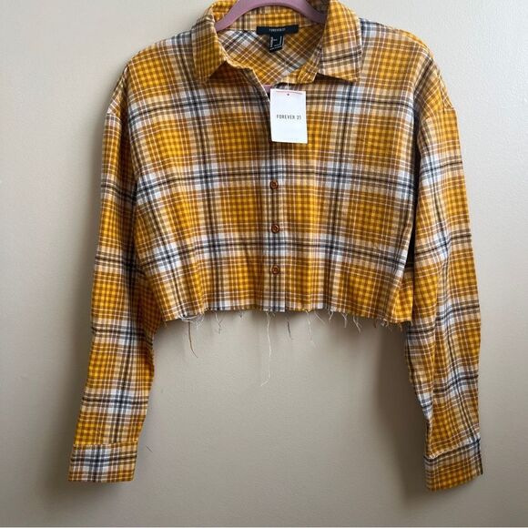 NWT Forever 21 Frayed & Cropped Yellow Long Sleeved flannel Shirt Size S - Picture 1 of 4